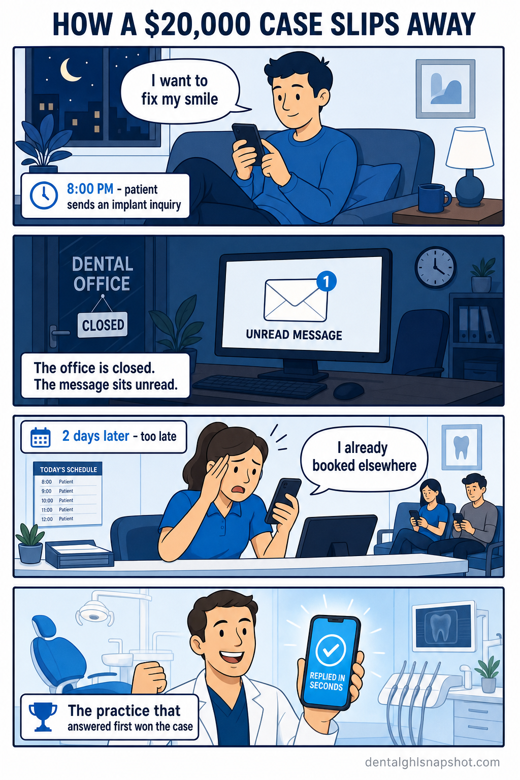 Four-panel comic strip showing how a Scottsdale dental practice loses an implant case: panel 1 a patient submits an implant inquiry at 8pm reading I want to fix my smile, panel 2 the practice is closed and the message sits unread overnight, panel 3 two days later the front desk finally calls but the patient already booked elsewhere, panel 4 a competing practice with an AI assistant that replied in seconds wins the twenty thousand dollar case.
