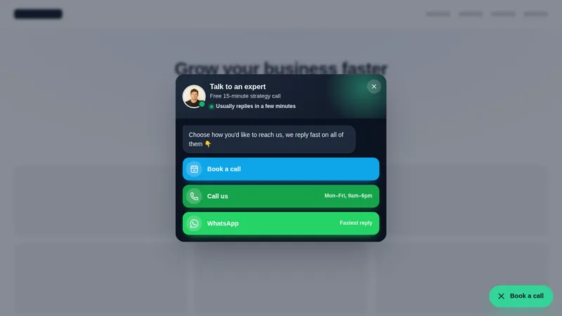 Book a call hub floating widget open on a sample website
