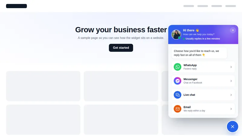 Support agent bubble floating widget open on a sample website, showing WhatsApp, Messenger, live chat and email options