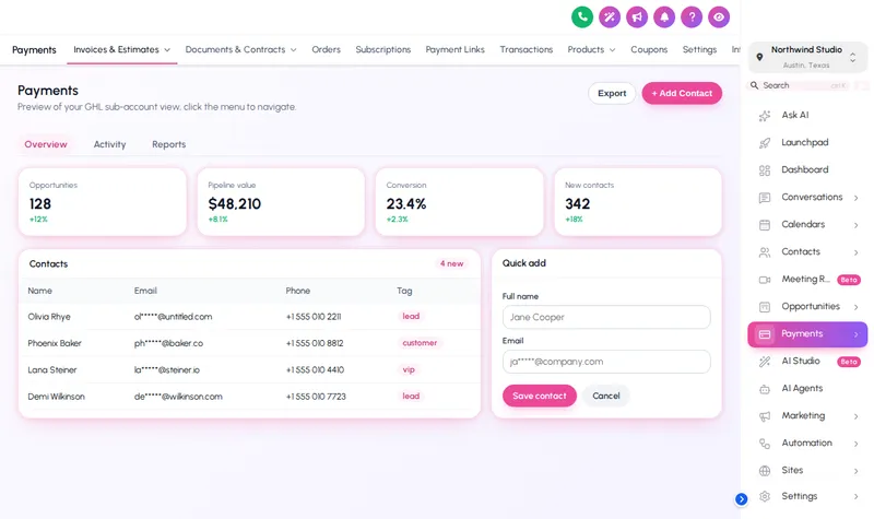 GoHighLevel payments page with the sidebar moved to the right in the Holo Pearl theme