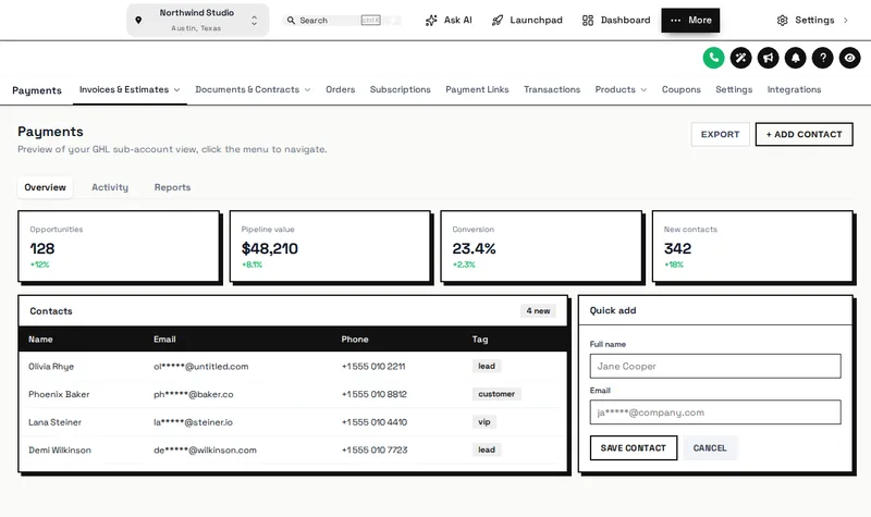 GoHighLevel payments page with the menu as a black and white top bar in the Mono Studio theme
