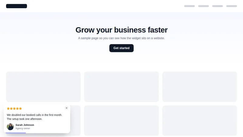 Review card social proof widget in the corner of a sample web page