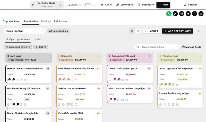 GoHighLevel opportunities board with the Brand Match design, stage colors built from the primary color