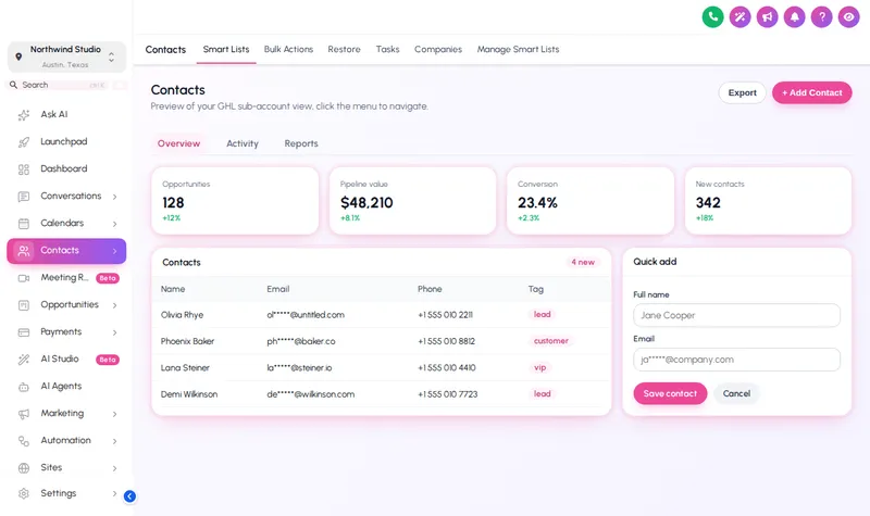 GoHighLevel contacts page restyled with the Holo Pearl theme, pearl white with pink accents